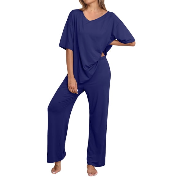 MINTREUS Lounge Sets for Women Knit Short Sleeve V-neck Tops and Long Pants Soft Comfy Pajamas Set Oversized 2 Piece Outfits