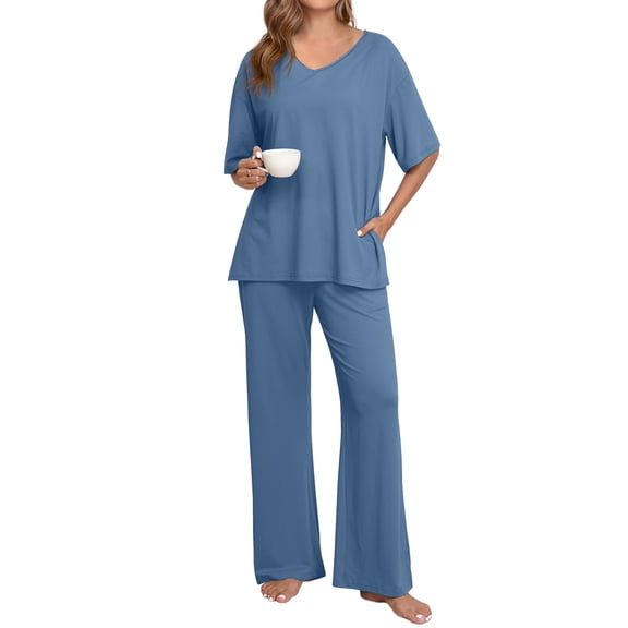 MINTREUS Lounge Sets for Women Knit Short Sleeve V-neck Tops and Long Pants Soft Comfy Pajamas Set Oversized 2 Piece Outfits