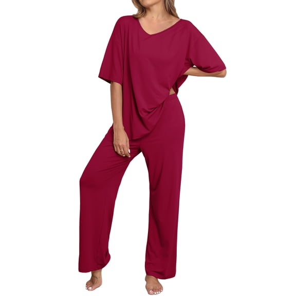 MINTREUS Lounge Sets for Women Knit Short Sleeve V-neck Tops and Long Pants Soft Comfy Pajamas Set Oversized 2 Piece Outfits