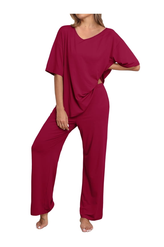 Lounge Sets for Women Knit Short Sleeve V-neck Tops and Long Pants Soft Comfy Pajamas Set Oversized 2 Piece Outfits