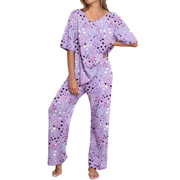 MINTREUS Lounge Sets for Women Knit Short Sleeve V-neck Tops and Long Pants Soft Comfy Pajamas Set Oversized 2 Piece Outfits