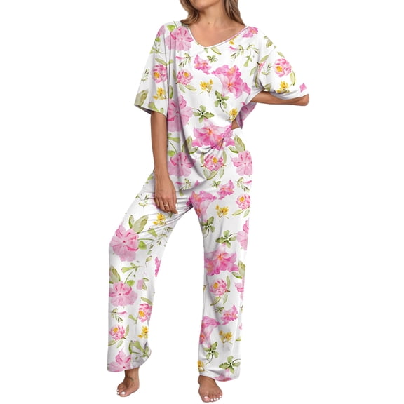 MINTREUS Lounge Sets for Women Knit Short Sleeve V-neck Tops and Long Pants Soft Comfy Pajamas Set Oversized 2 Piece Outfits