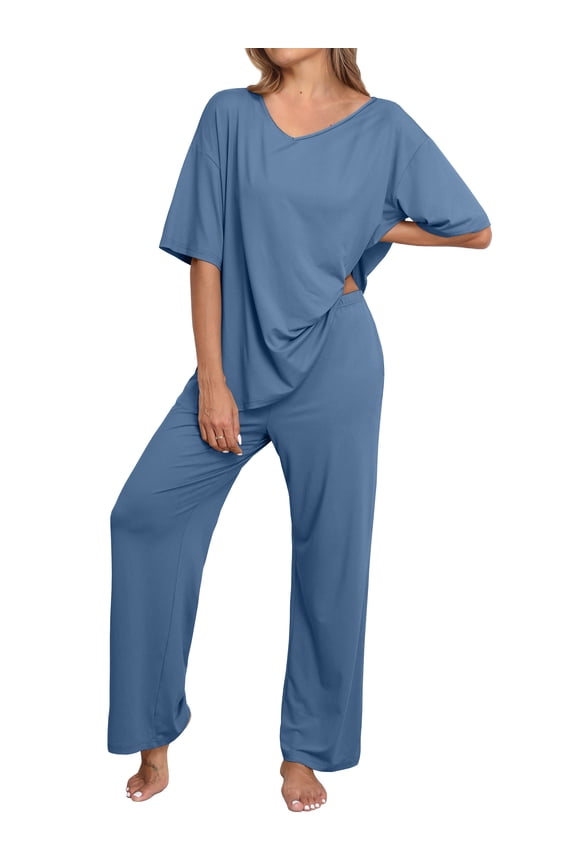 Lounge Sets for Women Knit Short Sleeve V-neck Tops and Long Pants Soft Comfy Pajamas Set Oversized 2 Piece Outfits