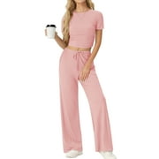 MINTREUS Lounge Sets for Women Short Sleeve Tops Wide Leg Pants Comfy Loungewear Two Piece Outfits with Pocketed