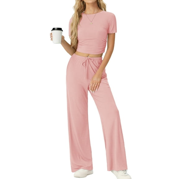 MINTREUS Lounge Sets for Women Short Sleeve Tops Wide Leg Pants Comfy Loungewear Two Piece Outfits with Pocketed