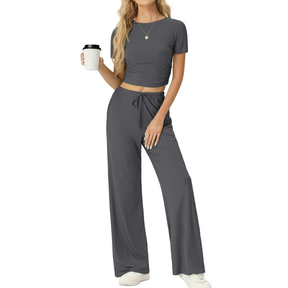 MINTREUS Lounge Sets for Women Short Sleeve Tops Wide Leg Pants Comfy Loungewear Two Piece Outfits with Pocketed