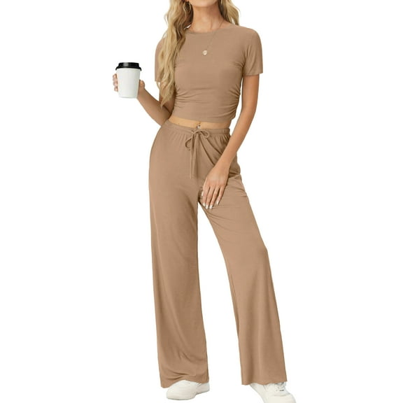 MINTREUS Lounge Sets for Women Short Sleeve Tops Wide Leg Pants Comfy Loungewear Two Piece Outfits with Pocketed