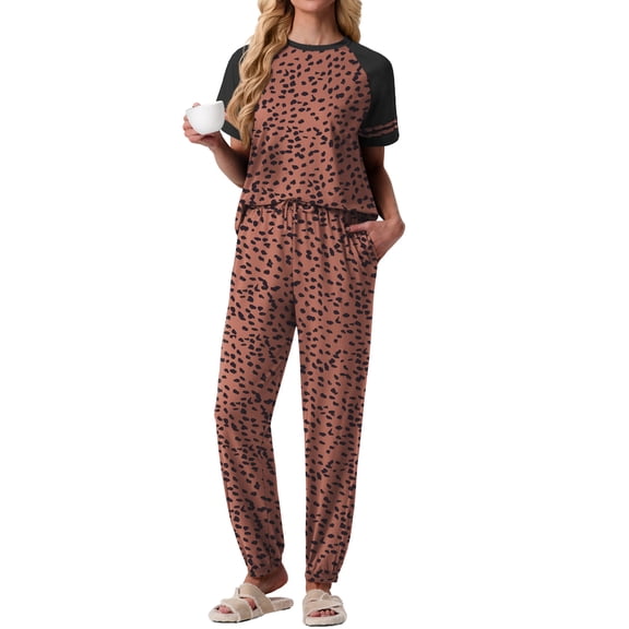 MINTREUS Lounge Sets for Women Two Piece Pajama Set Short Sleeve Pjs Joggers Long Pants Tracksuit with Pockets