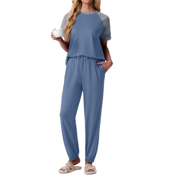 MINTREUS Lounge Sets for Women Two Piece Pajama Set Short Sleeve Pjs Joggers Long Pants Tracksuit with Pockets