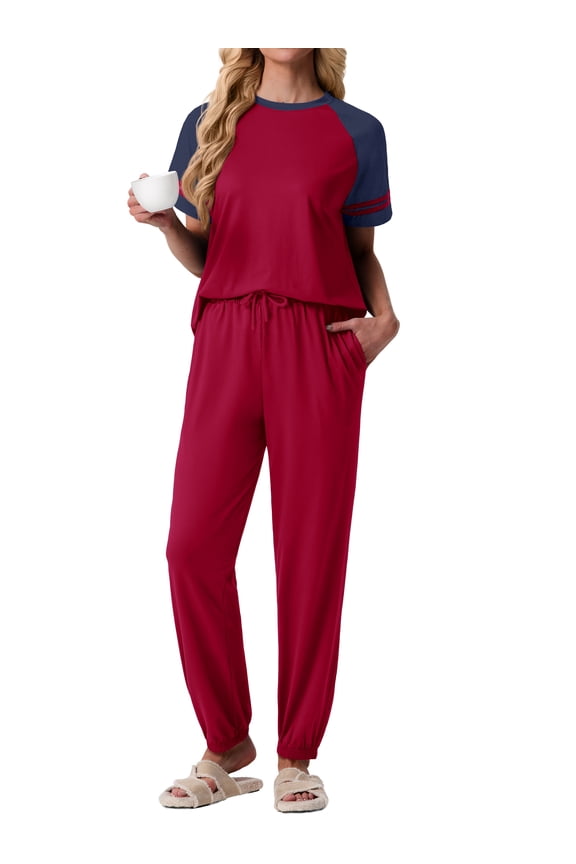 Lounge Sets for Women Two Piece Pajama Set Short Sleeve Pjs Joggers Long Pants Tracksuit with Pockets