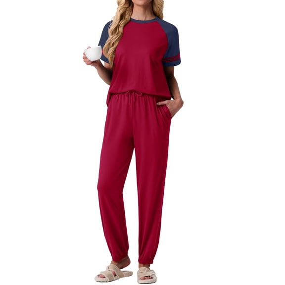MINTREUS Lounge Sets for Women Two Piece Pajama Set Short Sleeve Pjs Joggers Long Pants Tracksuit with Pockets