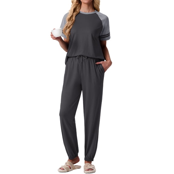 MINTREUS Lounge Sets for Women Two Piece Pajama Set Short Sleeve Pjs Joggers Long Pants Tracksuit with Pockets