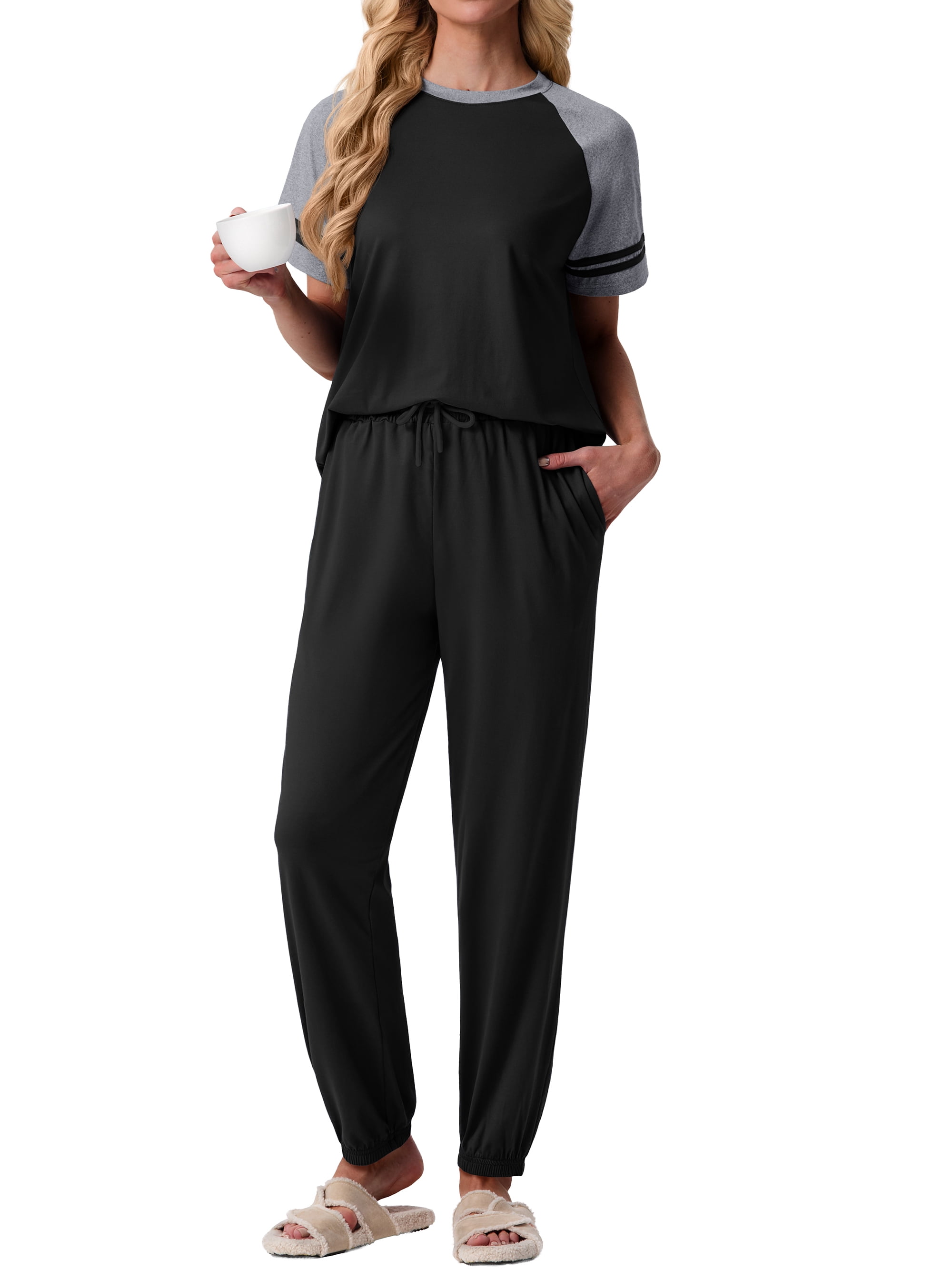 MINTREUS Lounge Sets for Women Two Piece Pajama Set Short Sleeve Pjs Joggers Long Pants Tracksuit with Pockets