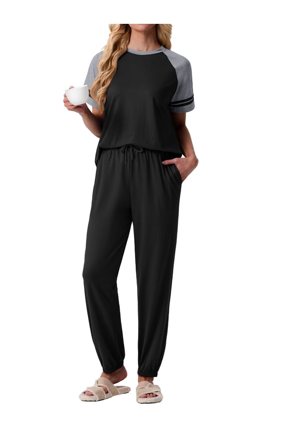 Lounge Sets for Women Two Piece Pajama Set Short Sleeve Pjs Joggers Long Pants Tracksuit with Pockets
