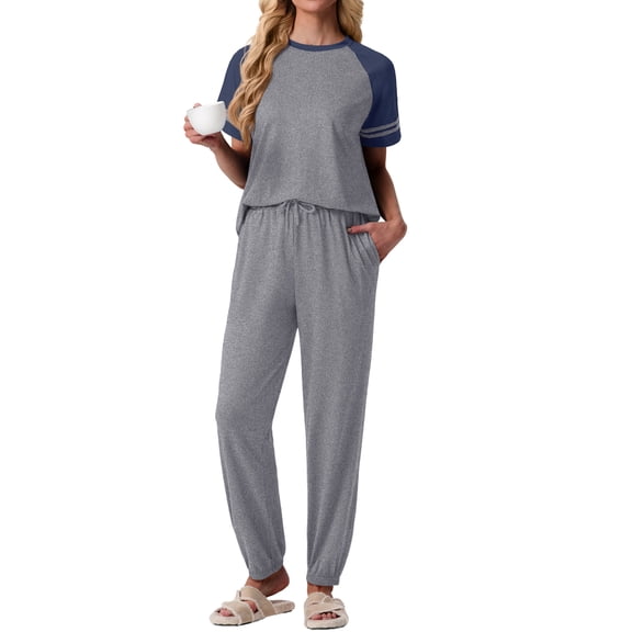 MINTREUS Lounge Sets for Women Two Piece Pajama Set Short Sleeve Pjs Joggers Long Pants Tracksuit with Pockets