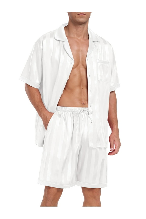 Men Satin Silk Pajamas Set with Pockets Sleepwear Shorts Satin Loungewear 2 Piece Button Down Set