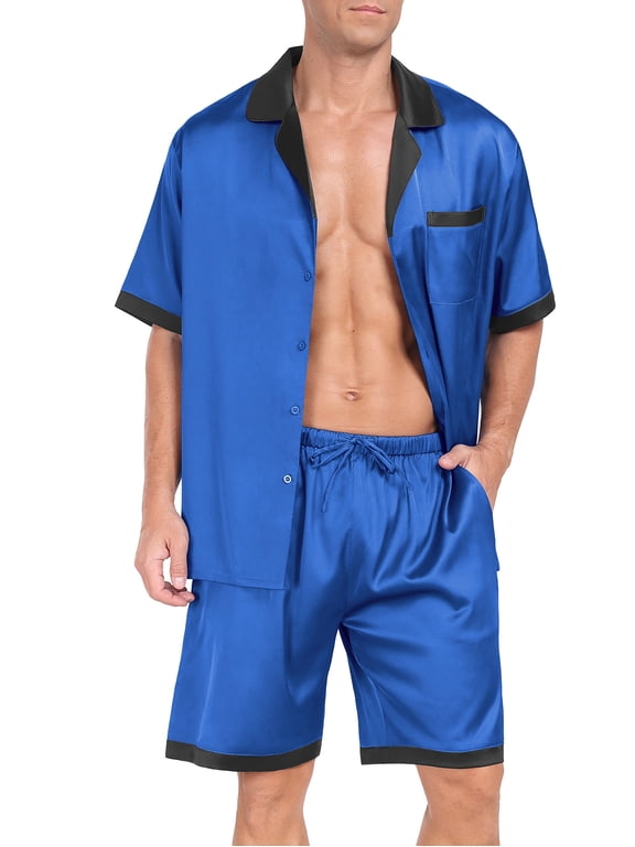 Men Satin Silk Pajamas Set with Pockets Sleepwear Shorts Satin Loungewear 2 Piece Button Down Set