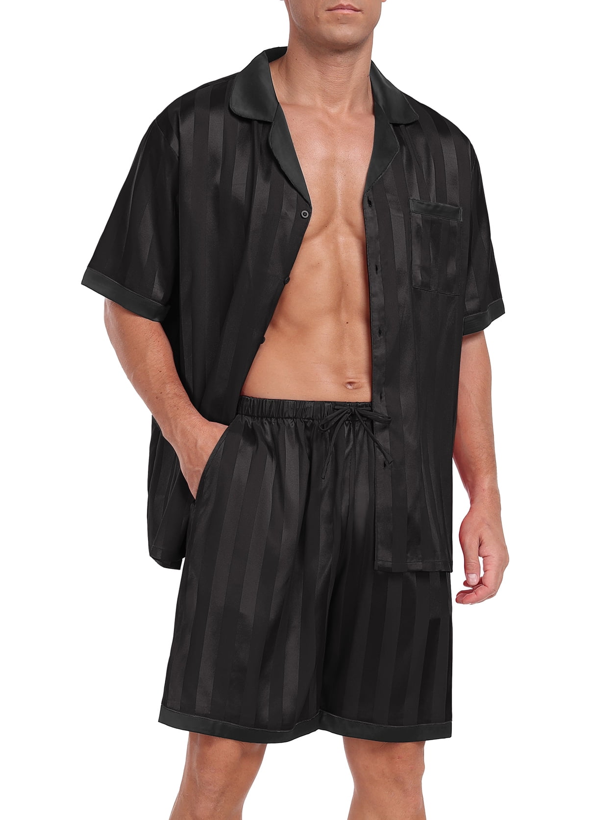 Men Satin Silk Pajamas Set with Pockets Sleepwear Shorts Satin Loungewear 2 Piece Button Down Set