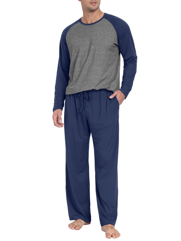 Men's Pajama Set Lightweight Sleepwear Long Sleeve Shirts and Bottoms Soft Comfy Pjs with Pockets S-4X