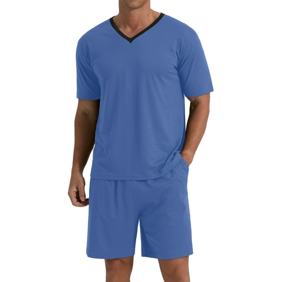 MINTREUS Men's Pajama Set Short Sleeved V-Neck 2-Piece Pajama Shorts With Pockets Pajamas For Men