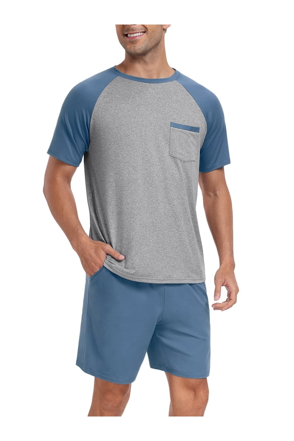 Men's Pajama Set Short sleeved Round Neck 2-piece Set Men's Shorts Casual Set Raglan Pajamas