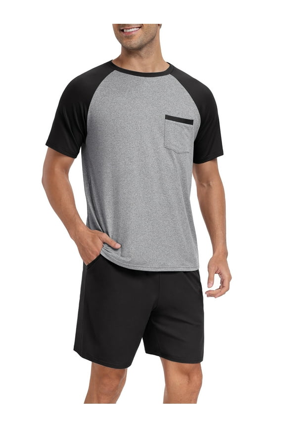Men's Pajamas Colors Contrast Short Sleeve Round Neck 2-piece Set Men's Loose Shorts Casual Set Raglan Pajamas