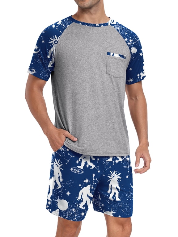 Men's Pajamas Colors Contrast Short Sleeve Round Neck 2-piece Set Men's Loose Shorts Casual Set Raglan Pajamas