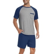 MINTREUS Mens Pajamas Colors Contrast Short Sleeve Round Neck 2-piece Set Mens Loose Shorts Casual Set Raglan Pajamas