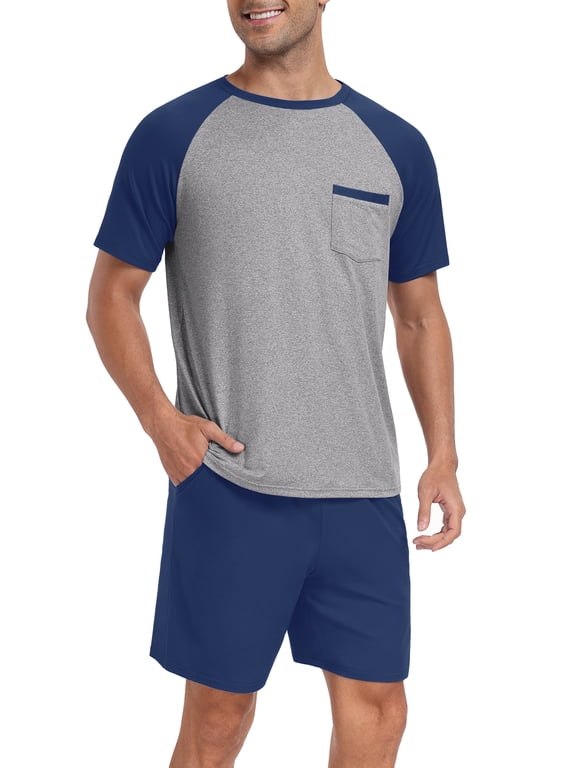 Men's Pajamas Colors Contrast Short Sleeve Round Neck 2-piece Set Men's Loose Shorts Casual Set Raglan Pajamas