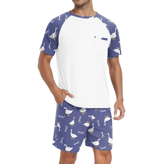 MINTREUS Men's Pajamas Colors Contrast Short Sleeve Round Neck 2-piece Set Men's Loose Shorts Casual Set Raglan Pajamas