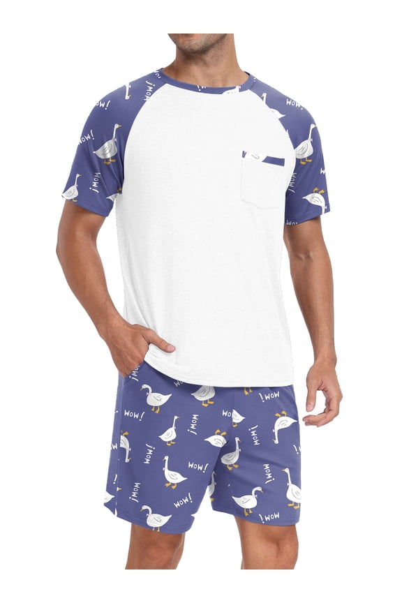 Men's Pajamas Colors Contrast Short Sleeve Round Neck 2-piece Set Men's Loose Shorts Casual Set Raglan Pajamas