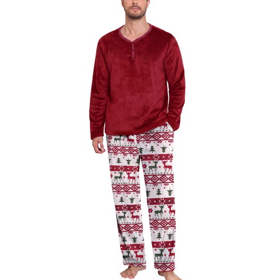 MINTREUS Mens Flannel Pajamas Set 2 Piece Long Sleeve Pjs Pijama Fleece Winter Henley Neck Lounge Sets Sleepwear with Pockets