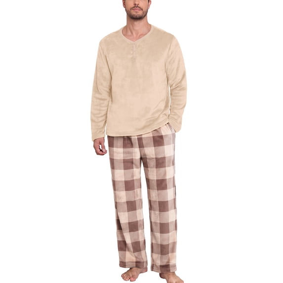 MINTREUS Mens Flannel Pajamas Set 2 Piece Long Sleeve Pjs Pijama Fleece Winter Henley Neck Lounge Sets Sleepwear with Pockets