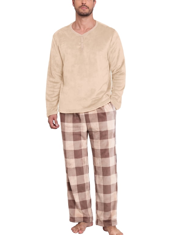 Mens Flannel Pajamas Set 2 Piece Long Sleeve Pjs Pijama Fleece Winter Henley Neck Lounge Sets Sleepwear with Pockets