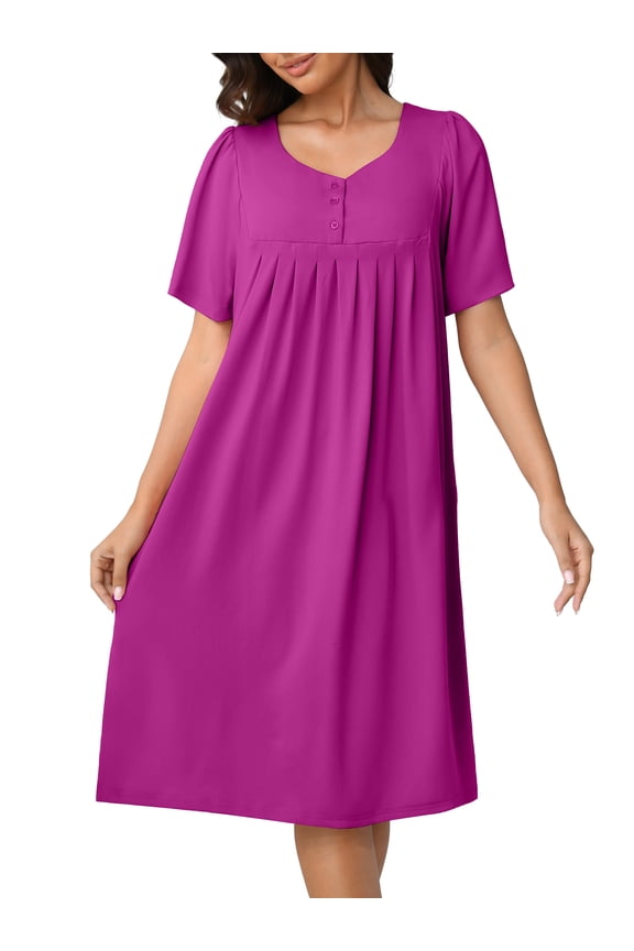 Nightgown Short Sleeve for Women Sleepwear V Neck Nightshirt House Dress with Pockets