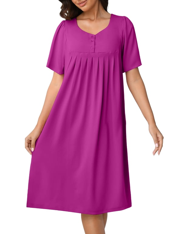Nightgown Short Sleeve for Women Sleepwear V Neck Nightshirt House Dress with Pockets