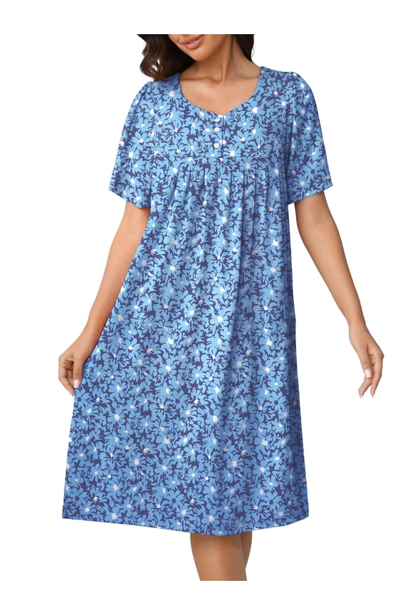 Nightgown Short Sleeve for Women Sleepwear V Neck Nightshirt House Dress with Pockets
