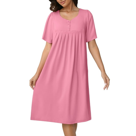 MINTREUS Nightgown Short Sleeve for Women Sleepwear V Neck Nightshirt House Dress with Pockets