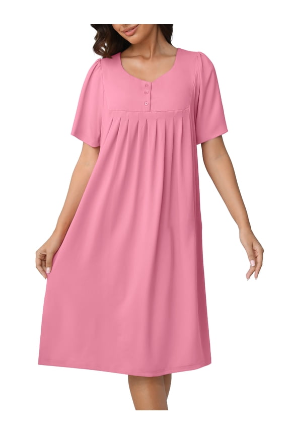Nightgown Short Sleeve for Women Sleepwear V Neck Nightshirt House Dress with Pockets