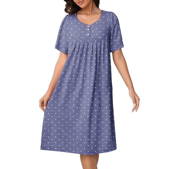 MINTREUS Nightgown Short Sleeve for Women Sleepwear V Neck Nightshirt House Dress with Pockets