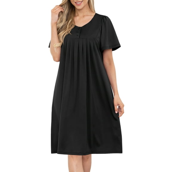 MINTREUS Nightgown Short Sleeve for Women Sleepwear V Neck Nightshirt House Dress with Pockets