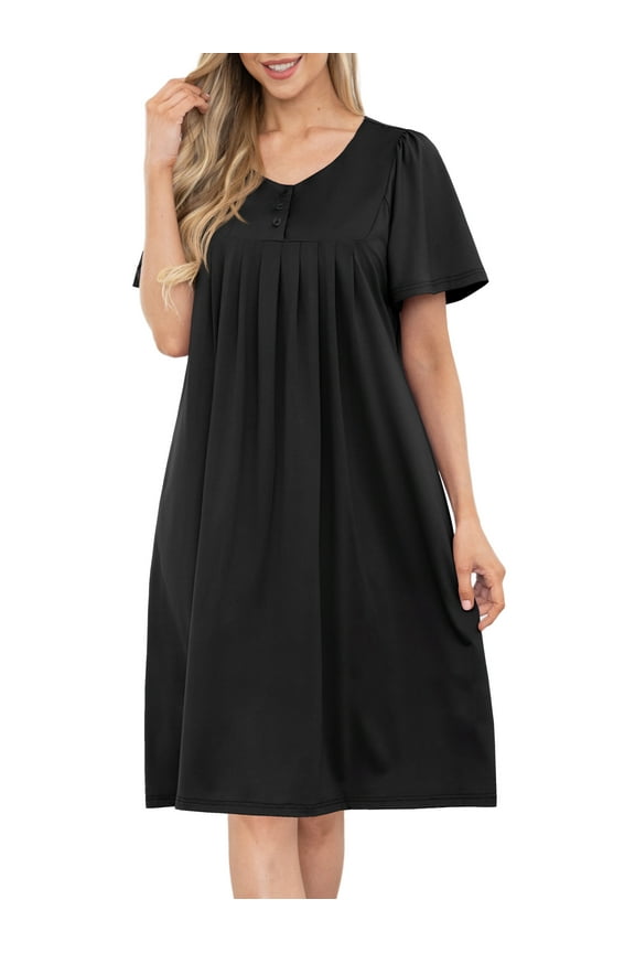 Nightgown Short Sleeve for Women Sleepwear V Neck Nightshirt House Dress with Pockets