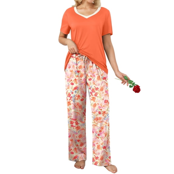 MINTREUS Womens Pajamas Sets 2 Piece Short Sleeve Lounge Set Printed Loose Pants Pj Sets, S-2XL