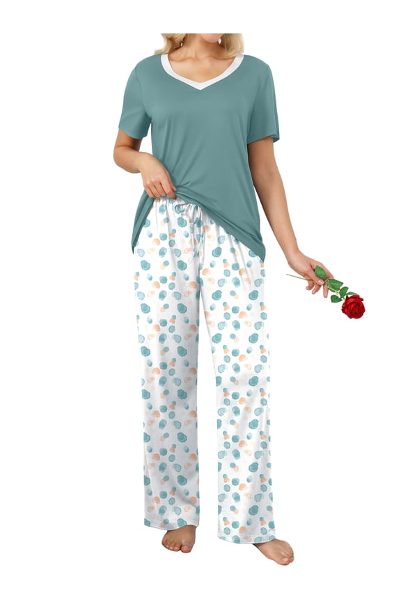 Womens Pajamas Sets 2 Piece Short Sleeve Lounge Set Printed Loose Pants Pj Sets, S-2XL