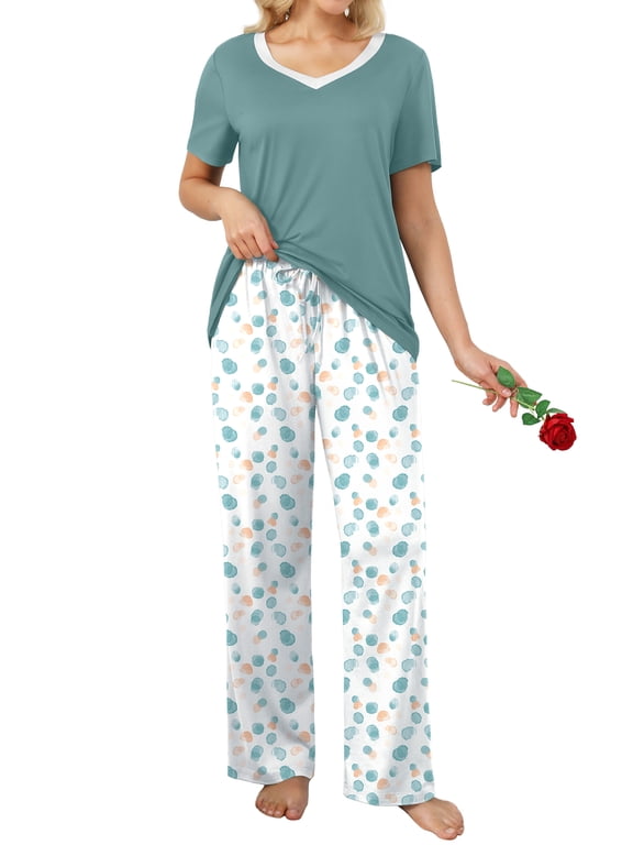 Womens Pajamas Sets 2 Piece Short Sleeve Lounge Set Printed Loose Pants Pj Sets, S-2XL