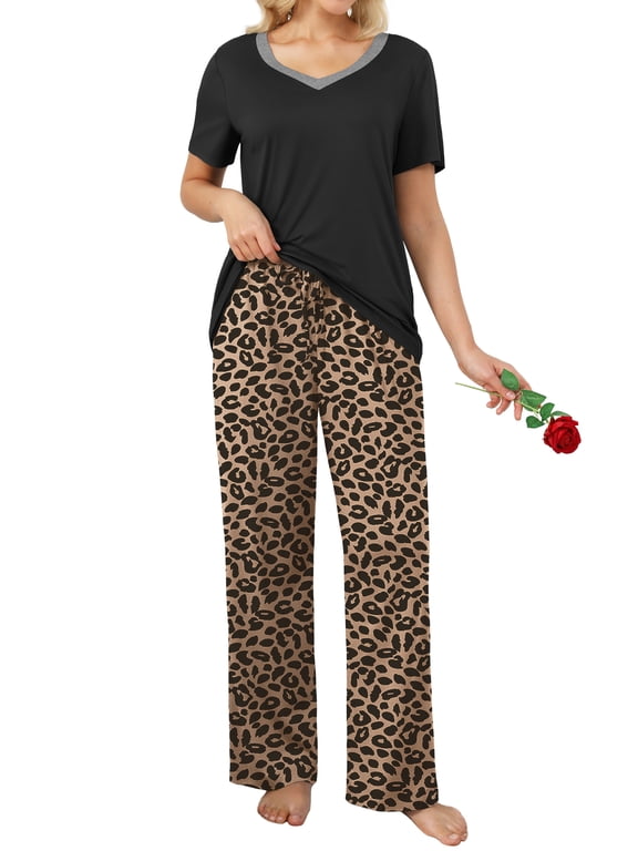 Womens Pajamas Sets 2 Piece Short Sleeve Lounge Set Printed Loose Pants Pj Sets, S-2XL
