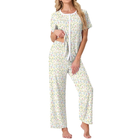 MINTREUS Pajama Sets for Women Short Sleeve Sleepwear Button Down Pjs Soft 2 Piece Lounge Sets with Pockets