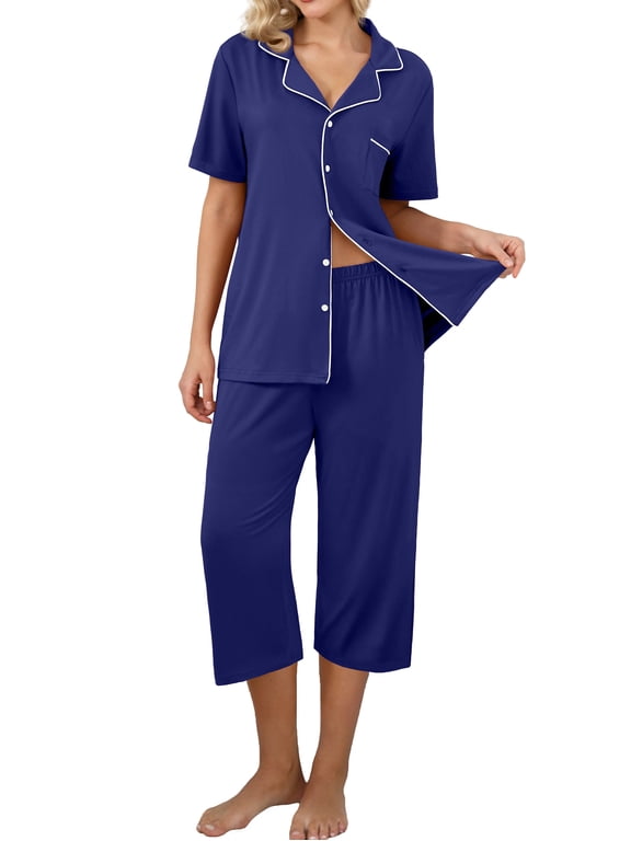 Pajama Sets for Women Notch Knit Top and Capri Pants Pjs Soft Lounge Sets, 2 Piece, Sizes M-3X