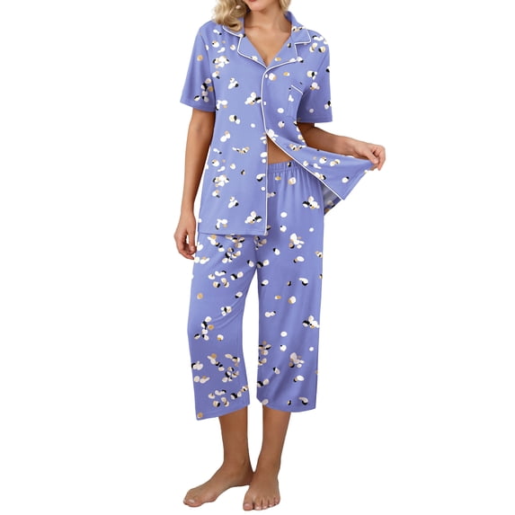 MINTREUS Pajama Sets for Women Notch Knit Top and Capri Pants Pjs Soft Lounge Sets, 2 Piece, Sizes M-3X