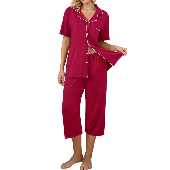 MINTREUS Pajama Sets for Women Notch Knit Top and Capri Pants Pjs Soft Lounge Sets, 2 Piece, Sizes M-3X